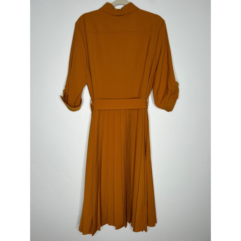 Nanette Lepore Pleated Midi Shirt Dress Size 16 3/4 Roll Tab Sleeves Fall Office - Picture 2 of 11
